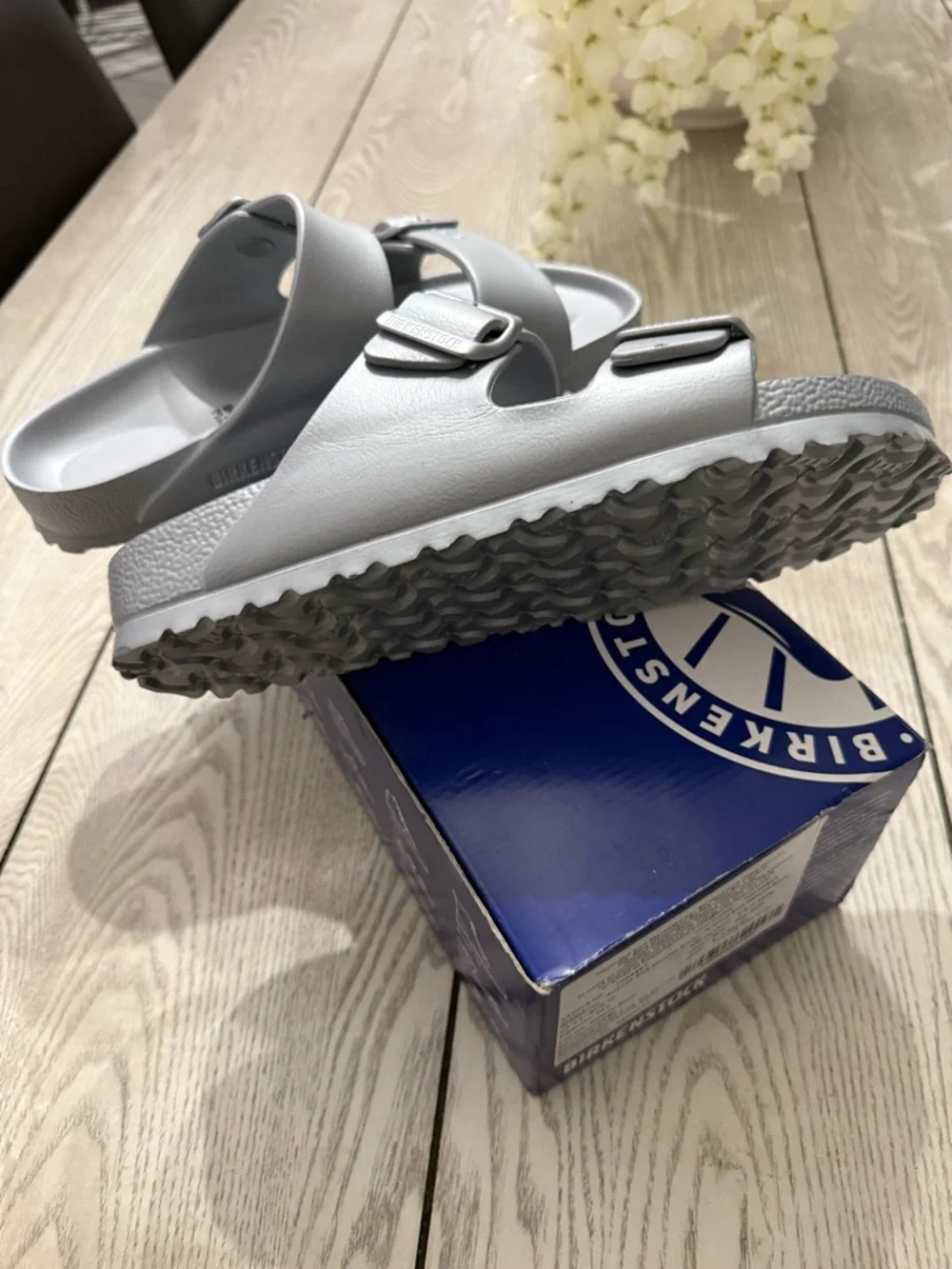 Birkenstock Arizona EVA Metallic Silver Two-Strap Sandals
